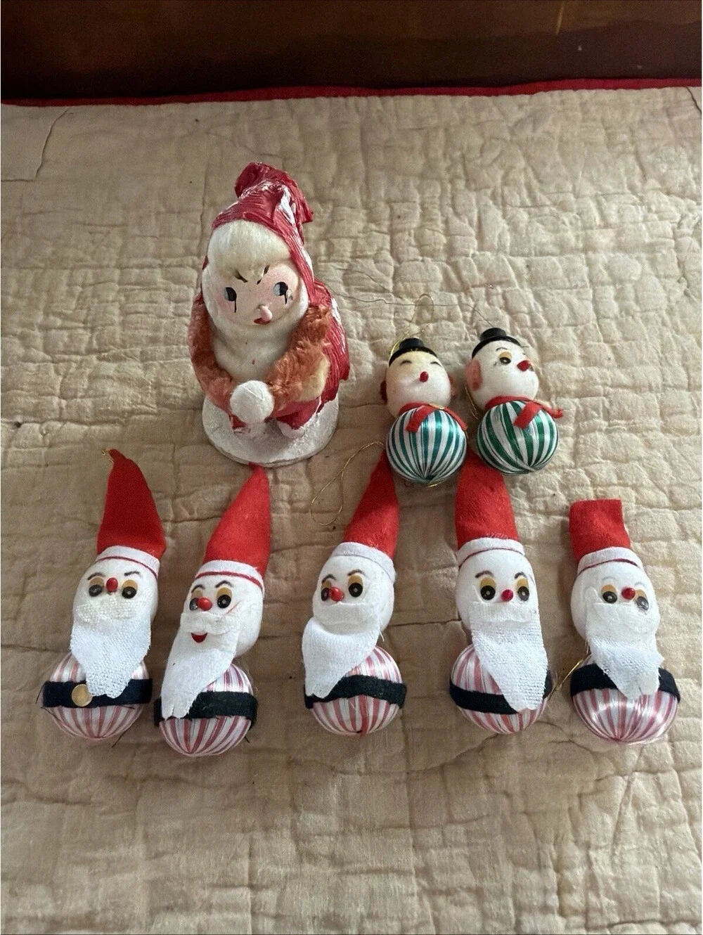 Vintage Christmas Lot Flocked Santa Snowman Ornaments Japan Kitsch MCM 1950s